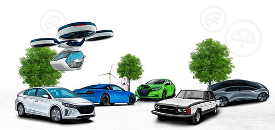 Variedad de autos antiguos y prototipos de auto en del futuro. 6 autos.